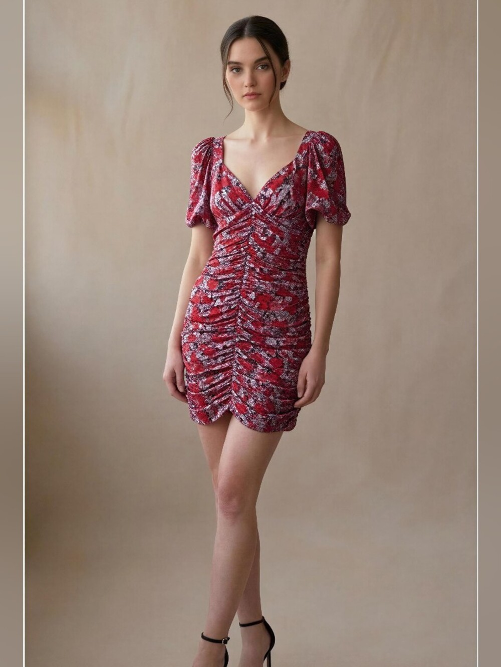 ZARA Red Floral Ruched Mini Dress with Puff Sleeves SIZE XS